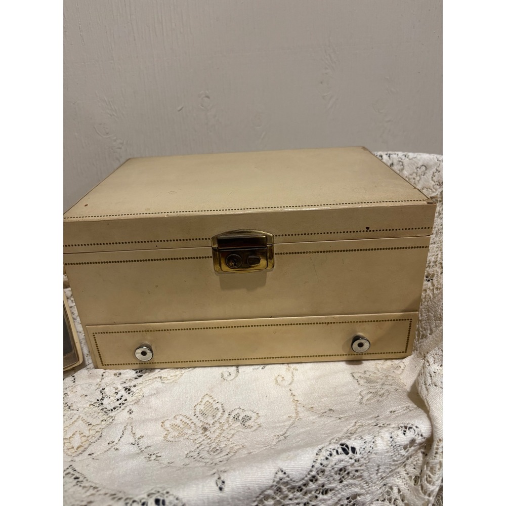 Vintage Cream Faux Leather Jewelry Box Red Velvet Lining Multi Tier Organizer